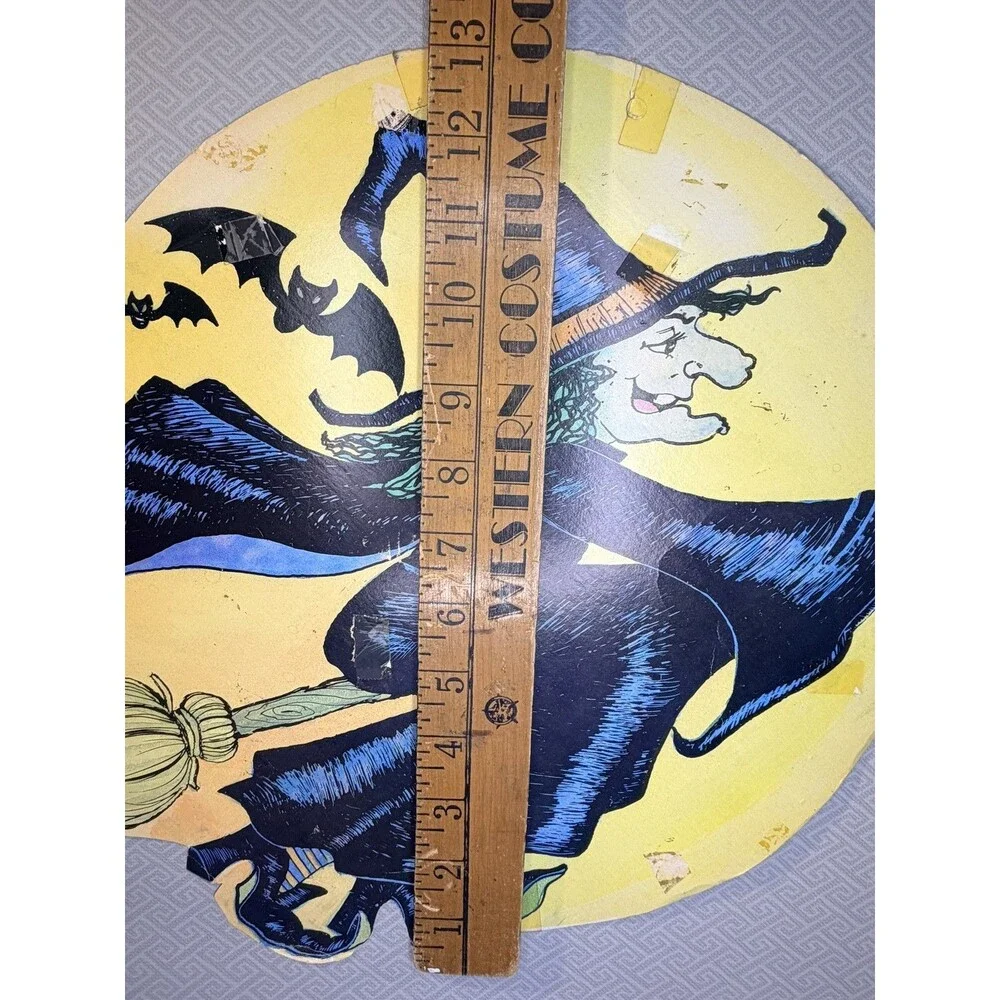 Vintage Eureka Halloween Witch on Broomstick & Bats Die-Cut Decor Cardboard Sign